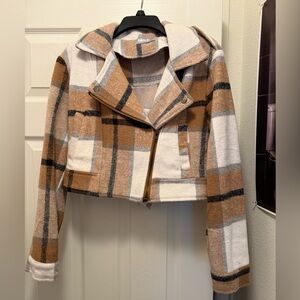 Chic Tan and Black Plaid Cropped Blazer